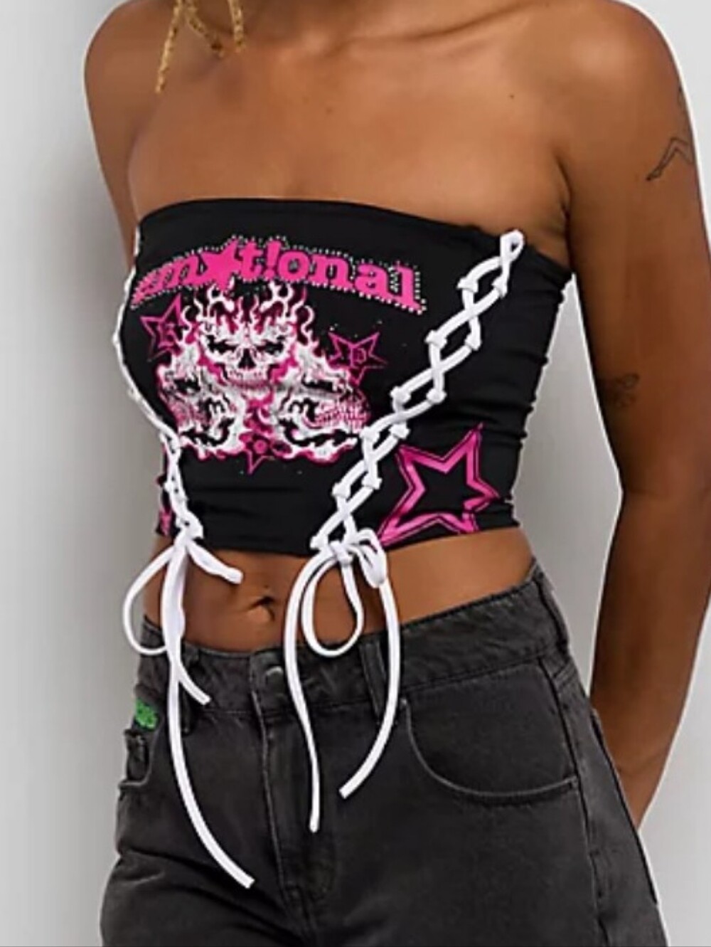Broken Promises Emotional Skull Lace Up Tube Top Black Pink